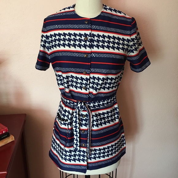 VTG 60 70 MOD Tie Waist Top Red Blue Stripes - Picture 13 of 16